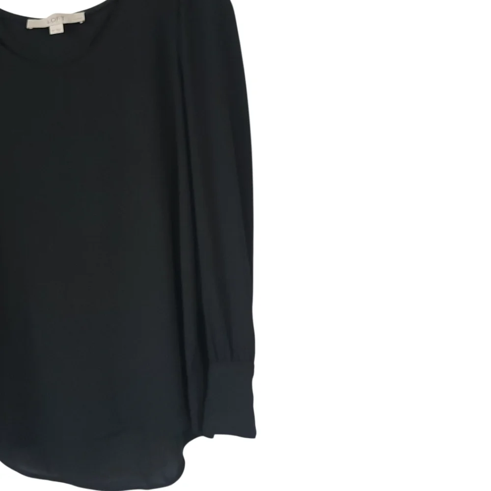 LOFT‎ Small Petite Black Semi Sheer Blouse Puff Sleeve Button Cuff Classic Top